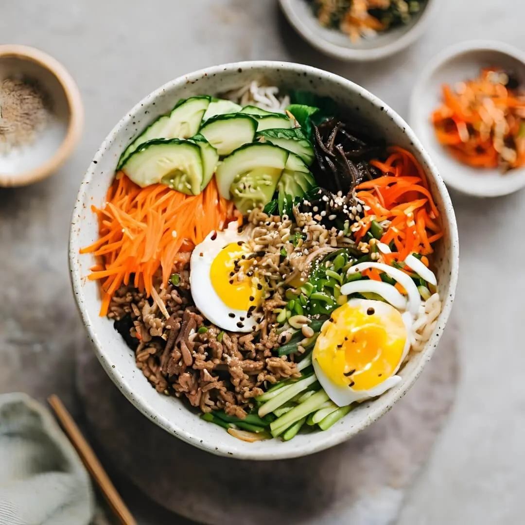 A colorful Korean Bibimbap Bowl, featuring a bed of steamed rice topped with an assortment of fresh vegetables like carrots, spinach, and bean sprouts, marinated beef, a fried egg, and drizzled with spicy gochujang sauce.
