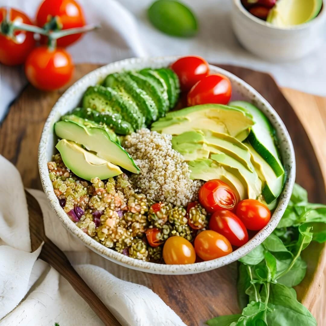 A colorful Mediterranean Quinoa Bowl, featuring fluffy quinoa mixed with chickpeas, diced cucumbers, cherry tomatoes, Kalamata olives, feta cheese, and a drizzle of tangy lemon-tahini dressing.