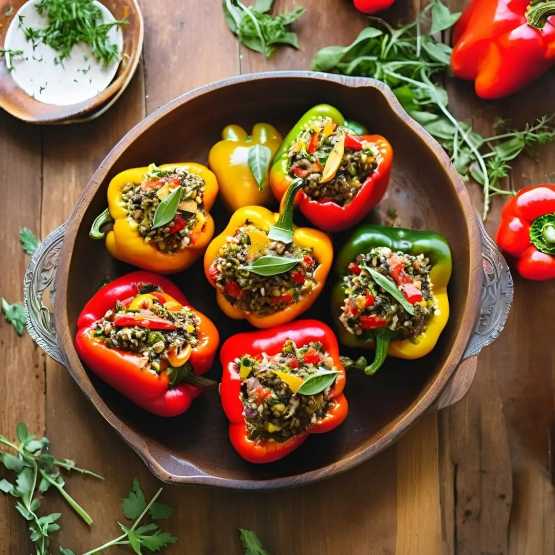 A vibrant dish of Mediterranean Stuffed Peppers, featuring bell peppers filled with a flavorful mixture of quinoa, chickpeas, feta cheese, cherry tomatoes, and fresh herbs, all baked to perfection.