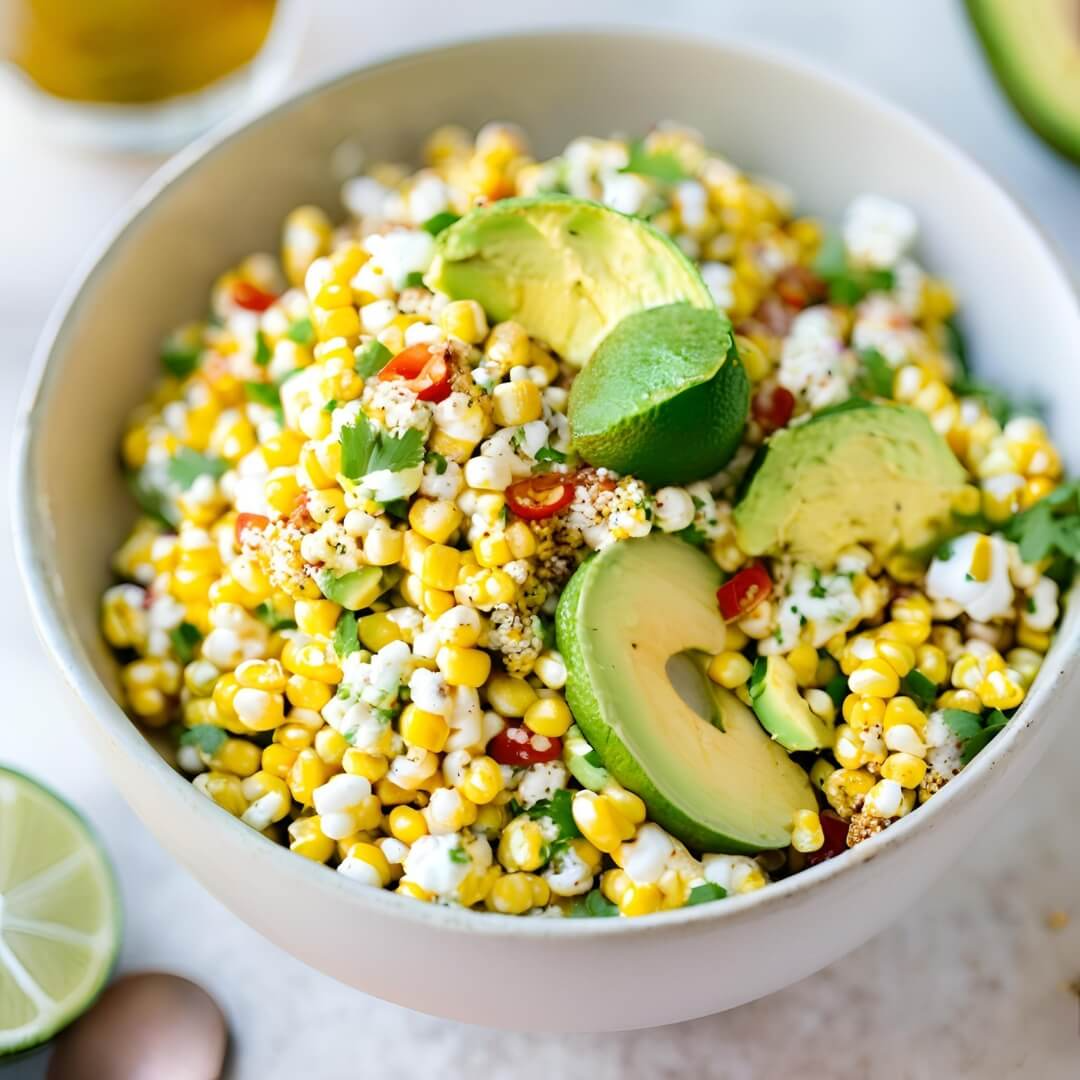 A vibrant bowl of Mexican Street Corn Salad, featuring creamy corn kernels mixed with cotija cheese, chopped cilantro, lime juice, and a spicy kick from chili powder, served with crispy tortilla strips on top.