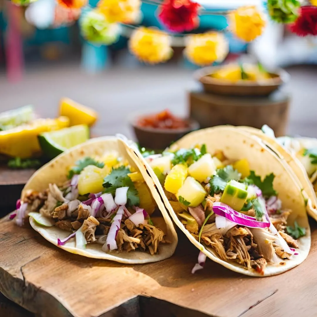A plate of Mexican Carnitas Tacos with Pineapple Salsa, featuring crispy pork carnitas tucked into warm corn tortillas, topped with fresh cilantro, diced onions, and a vibrant pineapple salsa for a sweet and tangy twist.
