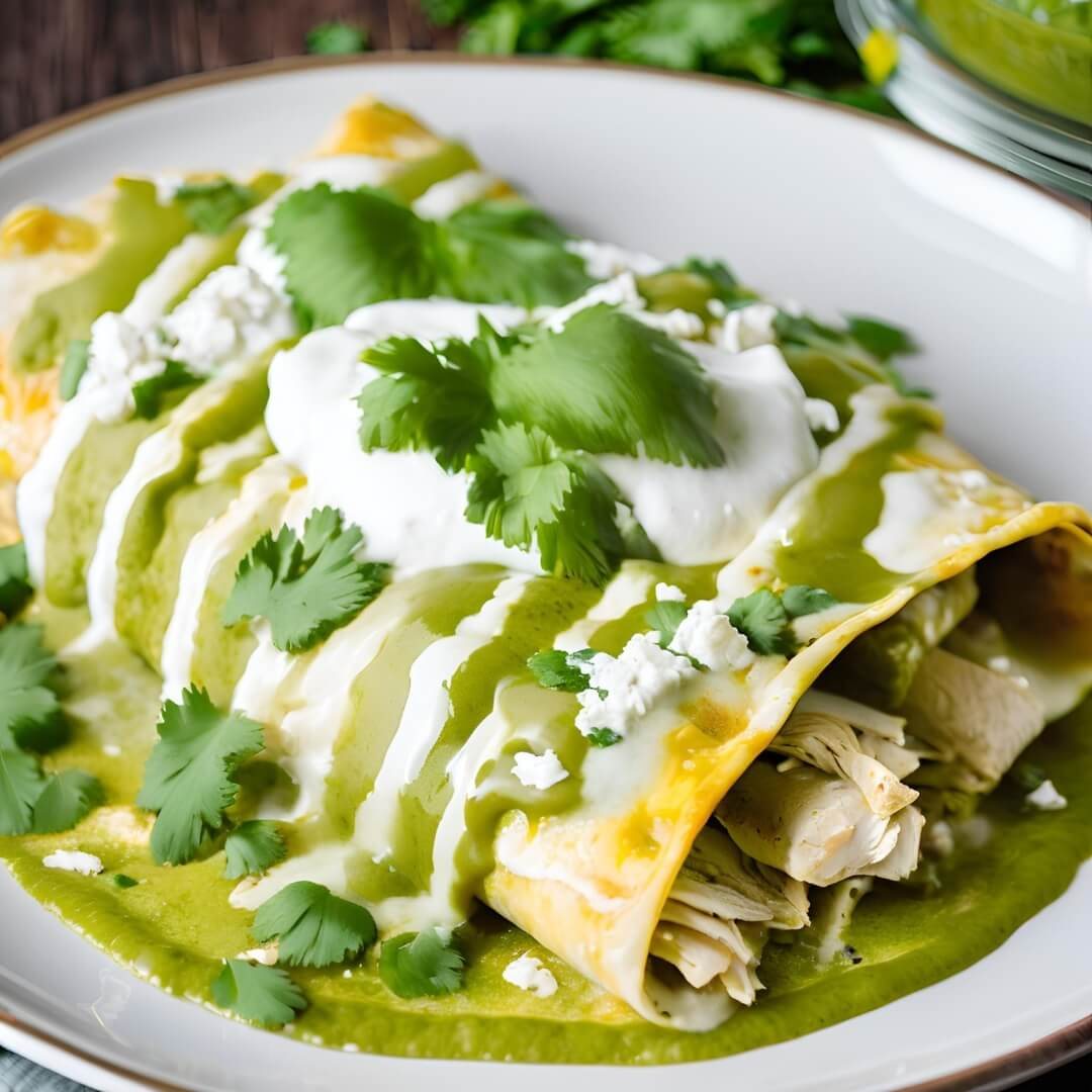 A steaming plate of Mexican Chicken Enchiladas Verdes, featuring corn tortillas rolled with shredded chicken, smothered in a vibrant green tomatillo sauce, topped with crumbled queso fresco and fresh cilantro.