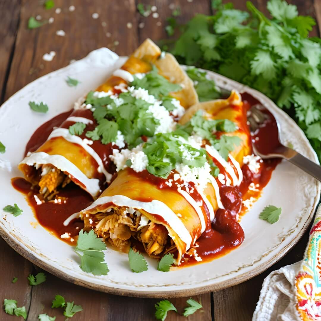 A steaming plate of Mexican Chicken Enchiladas Rojas, featuring corn tortillas rolled with shredded chicken, smothered in a rich red chili sauce, topped with crumbled queso fresco and fresh cilantro.