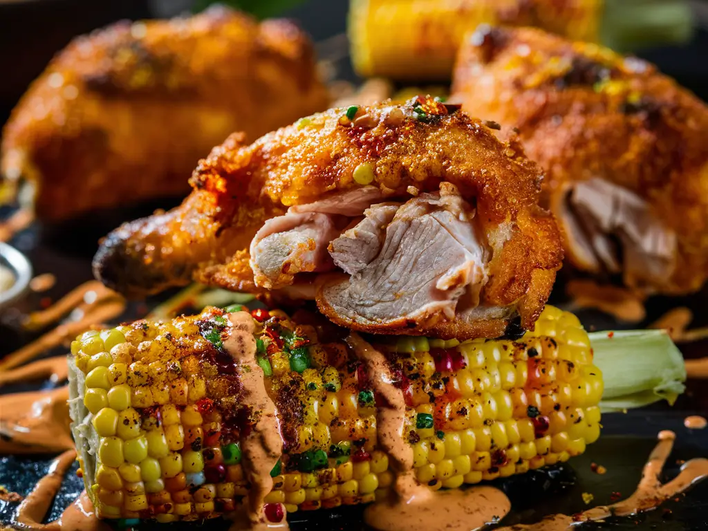 A sizzling plate of Mexican Street Corn Chicken, featuring tender chicken breasts topped with a creamy and spicy corn mixture, sprinkled with crumbled cotija cheese, fresh cilantro, and a drizzle of lime juice.