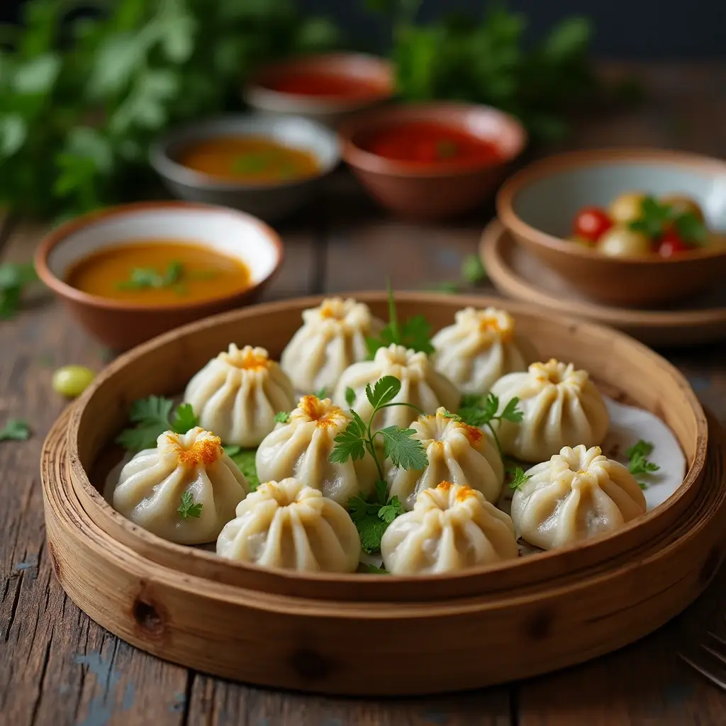 A steaming basket of freshly steamed momos, filled with juicy minced meat or vegetables, served alongside a vibrant red dipping sauce and garnished with fresh cilantro.