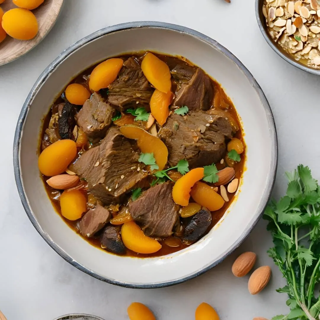 A traditional Moroccan Lamb Tagine, featuring tender lamb pieces slow-cooked in a rich sauce with apricots, almonds, and fragrant spices like cumin, cinnamon, and saffron, served with couscous on the side.