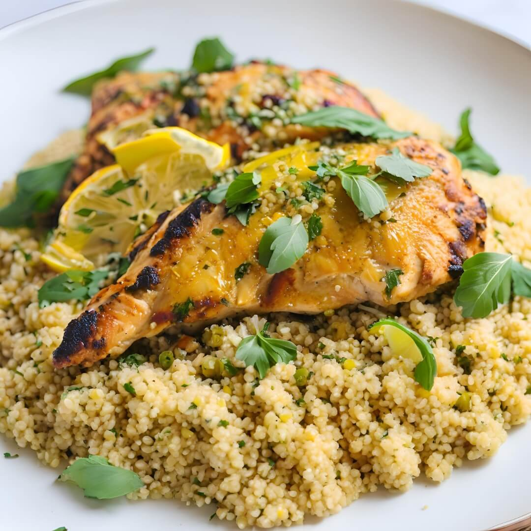 A plate of Moroccan Lemon Herb Chicken with Couscous, featuring tender chicken pieces infused with lemon zest, fresh herbs like cilantro and parsley, served alongside fluffy couscous and garnished with toasted almonds.