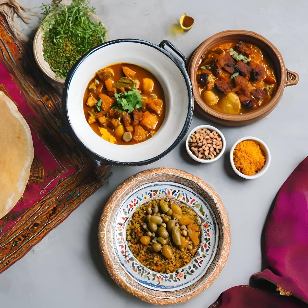 A traditional Moroccan Breakfast Tagine, featuring a savory mixture of eggs poached in a rich tomato and olive sauce, spiced with cumin and paprika, served with warm bread for dipping.