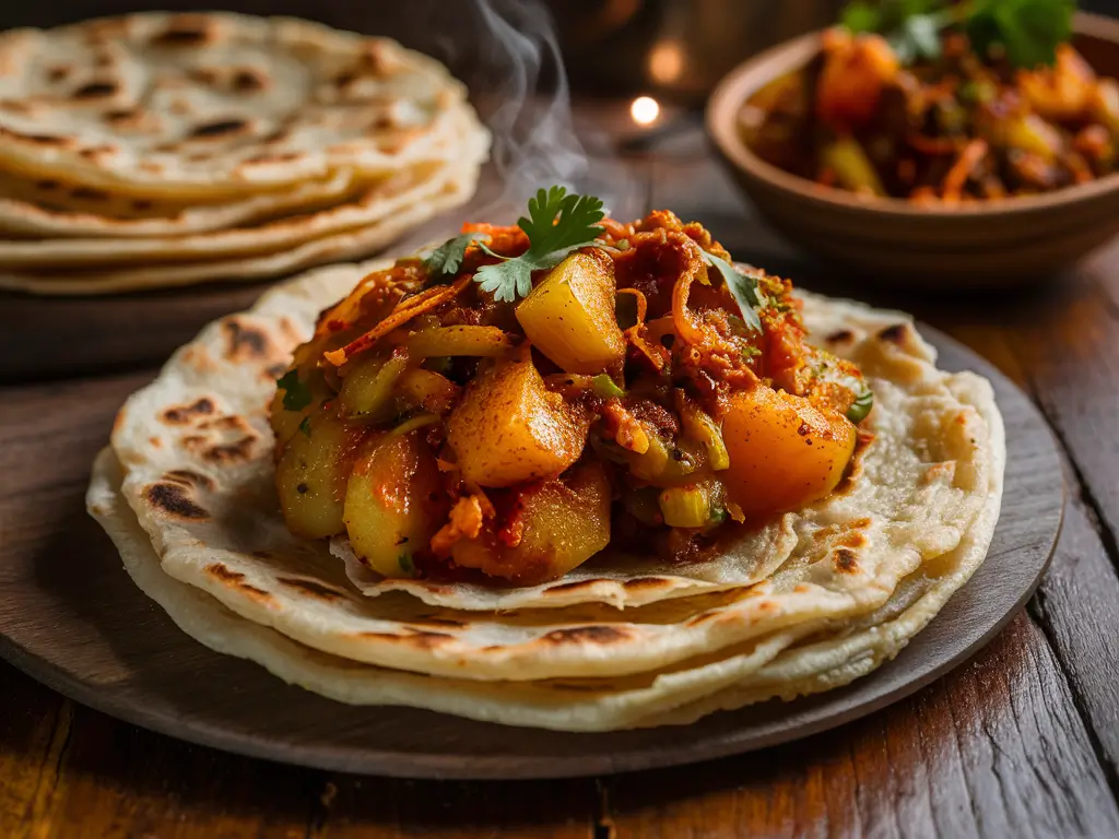 A plate of golden, flaky parathas served alongside a vibrant aloo sabzi made with spiced potatoes, fresh cilantro, and onions, all ready to be paired together for a delicious meal.