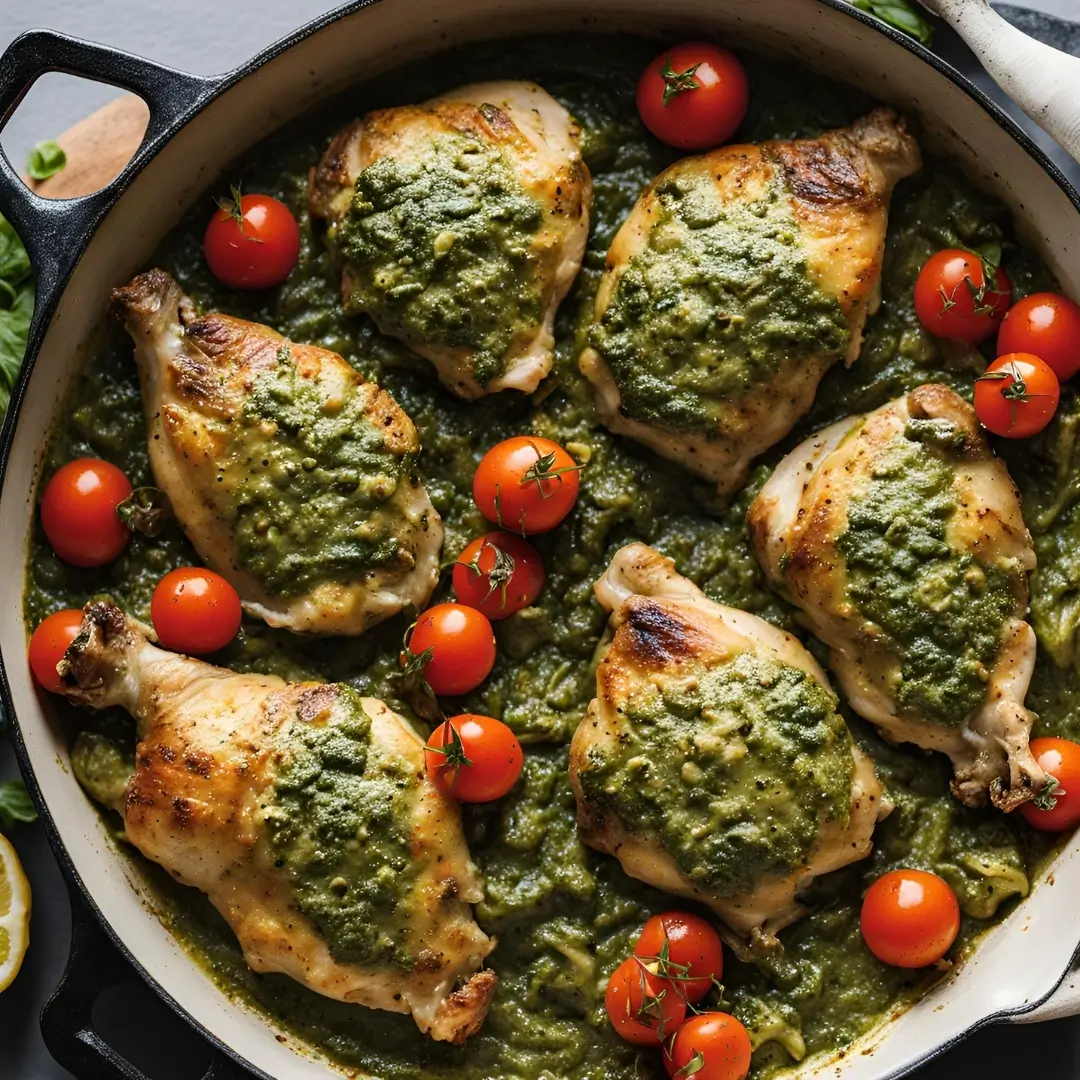 A golden tray of Pesto Baked Chicken Thighs, featuring juicy chicken thighs coated in a vibrant pesto sauce, roasted to perfection with crispy edges, and garnished with fresh basil leaves and lemon wedges.