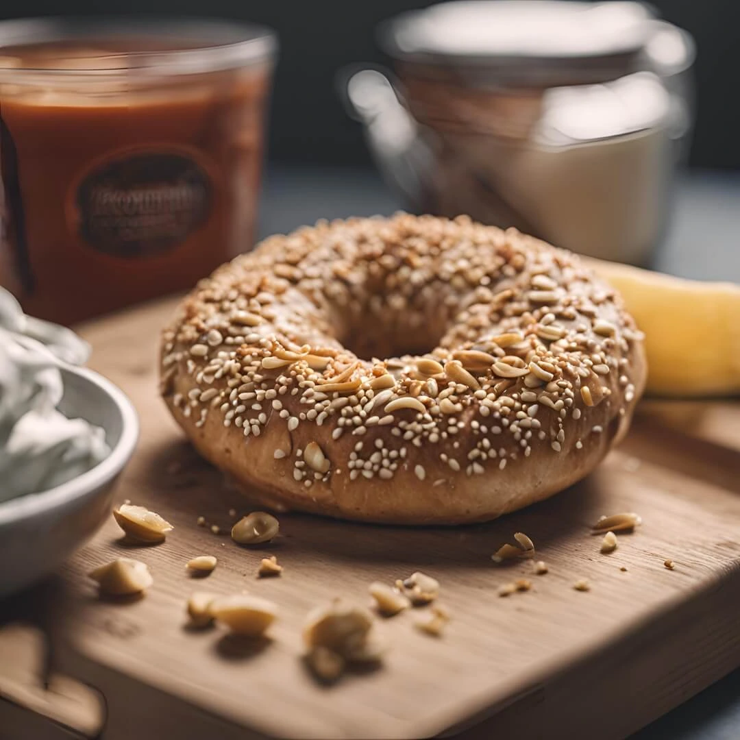 A stack of Protein Bagels, featuring dense, hearty bagels in various flavors like plain, everything, and cinnamon raisin, with a close-up showing their chewy texture and nutritional value.
