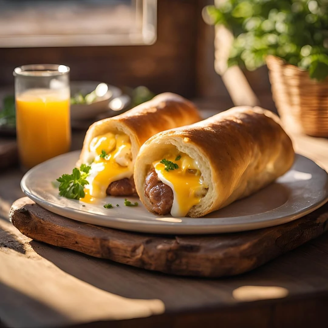 A tray of Sausage and Egg Breakfast Rolls, featuring flaky crescent rolls stuffed with cooked sausage, scrambled eggs, and melted cheese, baked until golden brown and served warm.