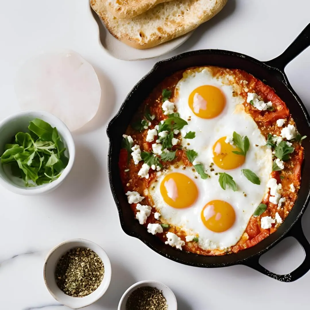 A vibrant plate of Shakshuka with Feta, featuring poached eggs nestled in a rich tomato and pepper sauce, sprinkled with crumbled feta cheese, fresh parsley, and a drizzle of olive oil.