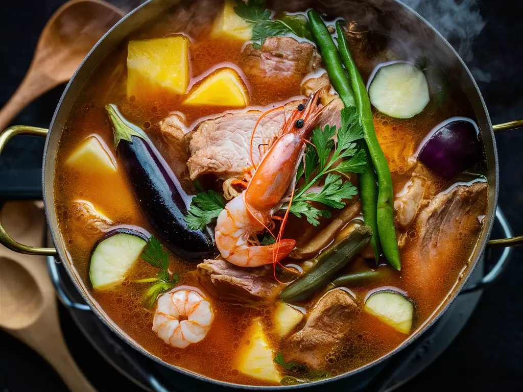 A steaming bowl of sinigang, featuring tender pieces of pork, succulent vegetables like radishes, eggplant, and spinach, all simmered in a tangy broth with calamansi wedges on the side.