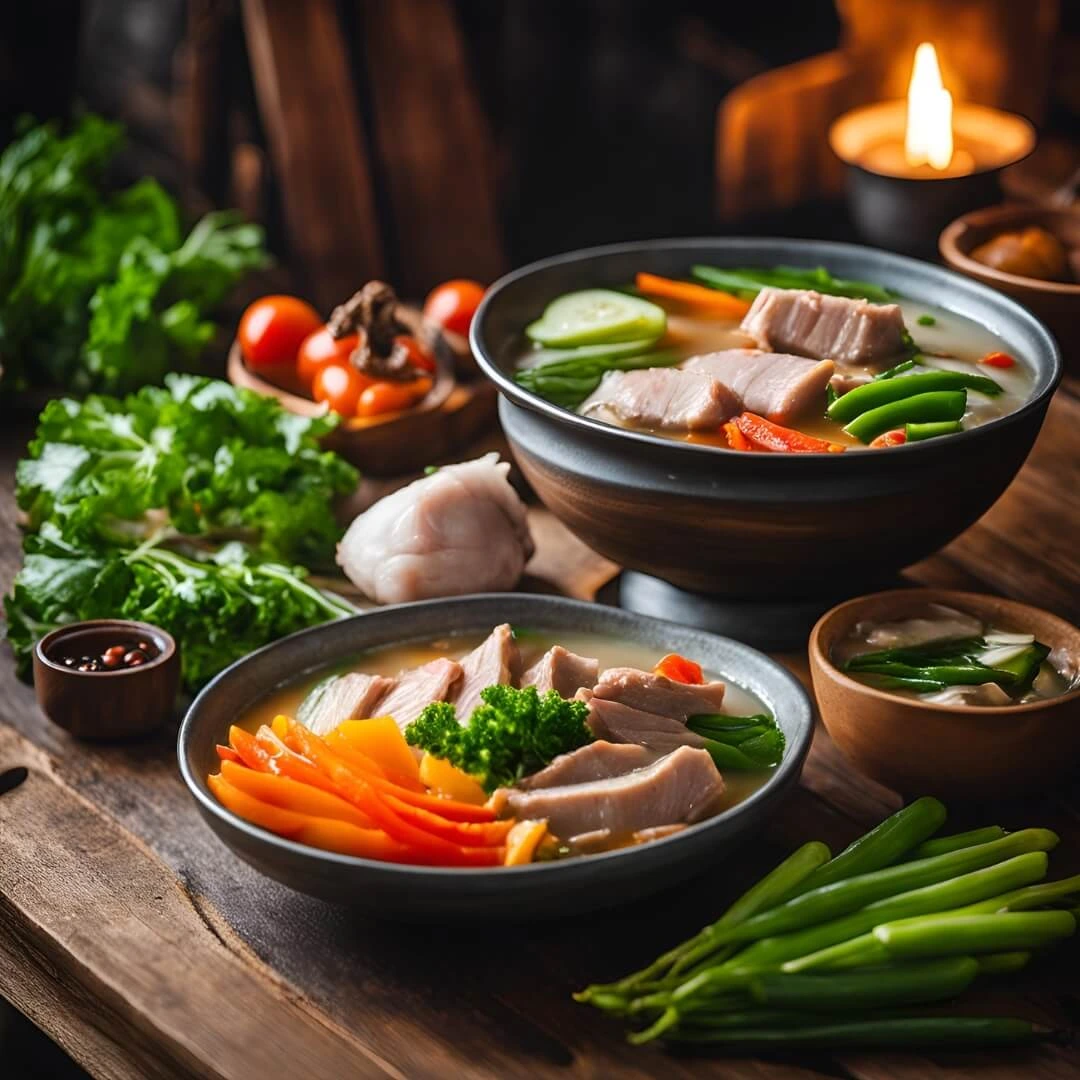 A steaming bowl of Sinigang, featuring tender pieces of pork, radishes, eggplant, okra, and spinach simmered in a tangy tamarind broth, served with a side of calamansi wedges.