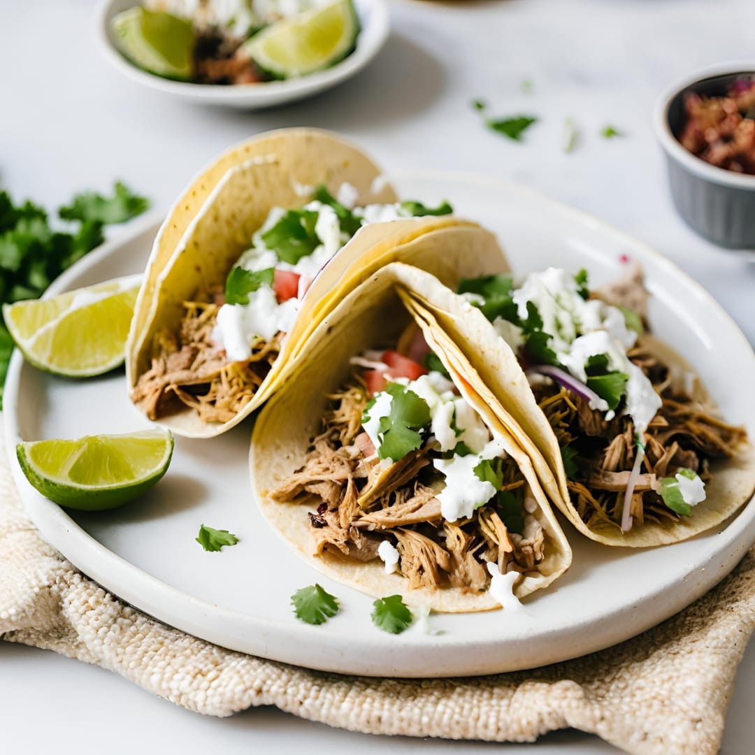 A plate of Slow Cooker Carnitas Tacos, featuring tender, shredded pork carnitas nestled in warm corn tortillas, topped with fresh cilantro, diced onions, and a squeeze of lime juice.