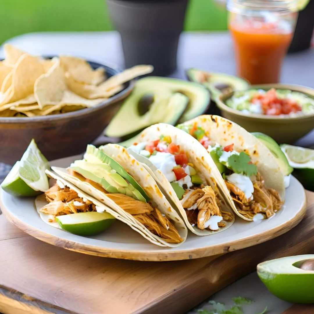 A plate of Slow Cooker Chicken Tinga Tacos, featuring soft corn tortillas filled with shredded chicken tinga in a smoky chipotle sauce, topped with crumbled queso fresco, fresh cilantro, and diced onions.