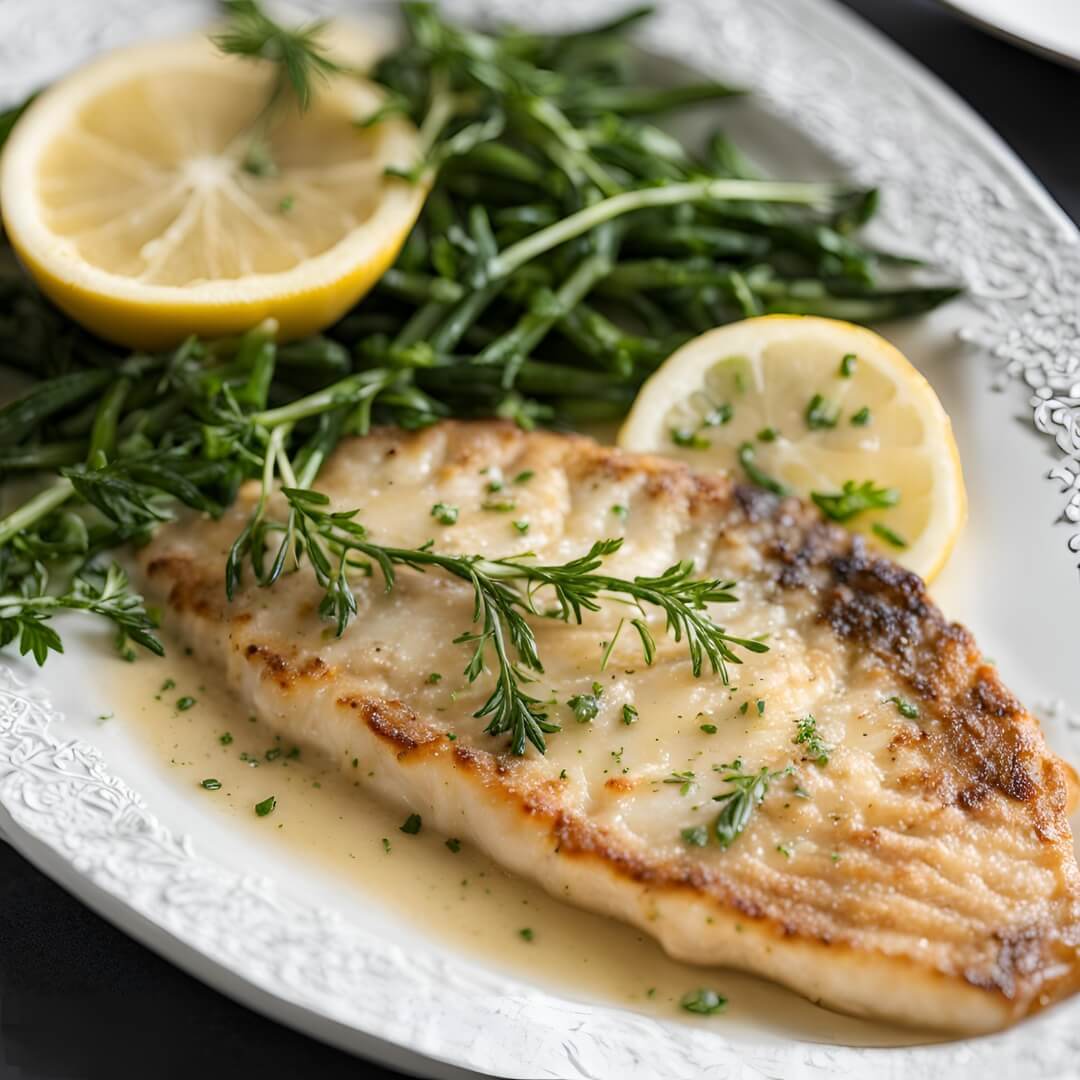 A beautifully plated Sole Meunière, featuring delicate fillets of sole dusted with flour and pan-seared to golden perfection, served with a buttery lemon-caper sauce and garnished with fresh parsley.
