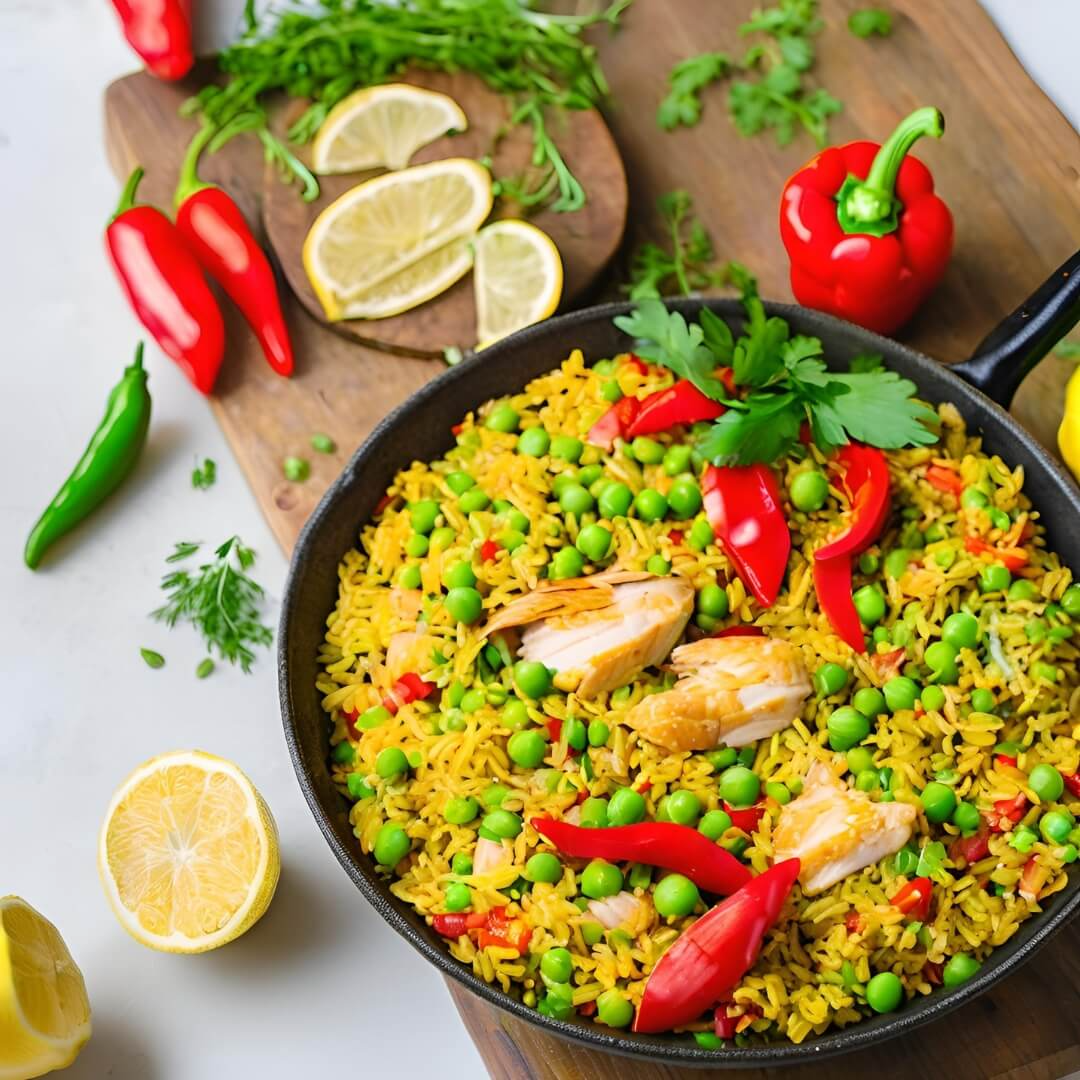 A colorful Spanish Chicken Paella Bowl, featuring saffron-infused rice cooked with tender chicken pieces, artichokes, bell peppers, peas, and chorizo, topped with fresh parsley.