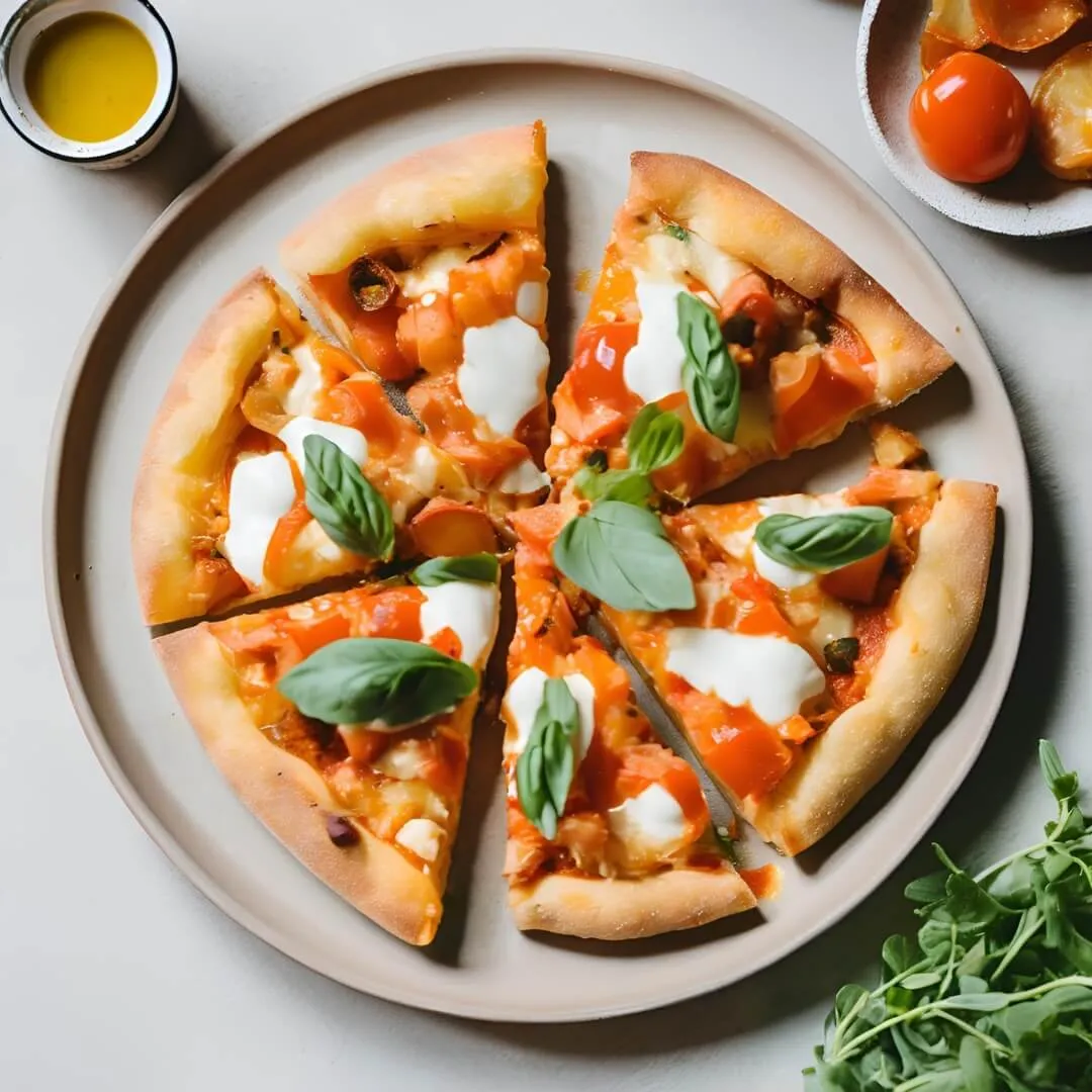 A delicious Spanish Patatas Bravas Pizza, featuring a crispy crust topped with creamy tomato sauce, golden fried potato cubes, spicy bravas sauce, and crumbled chorizo, garnished with fresh parsley.
