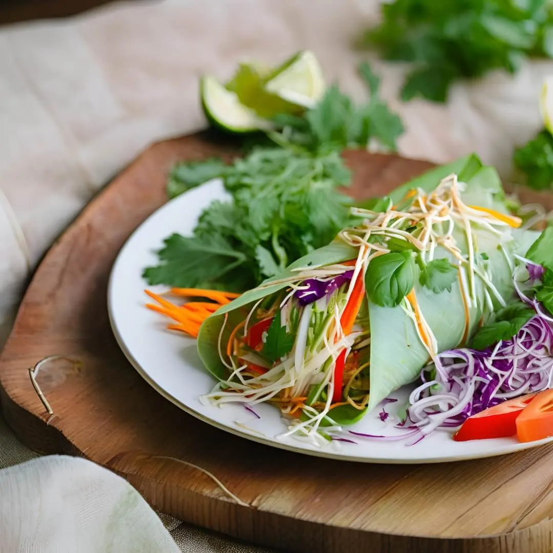 A plate of Thai Green Papaya Salad Wraps, featuring fresh lettuce leaves filled with a vibrant mix of shredded green papaya, cherry tomatoes, carrots, peanuts, and a tangy lime dressing, rolled up for easy eating.