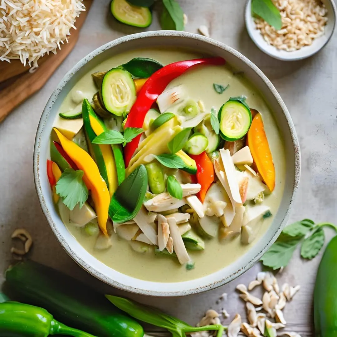 A steaming bowl of Thai Green Curry, featuring tender chunks of chicken or tofu simmered in a rich coconut milk-based curry sauce, loaded with vibrant vegetables like bell peppers and bamboo shoots, garnished with fresh basil and lime leaves.