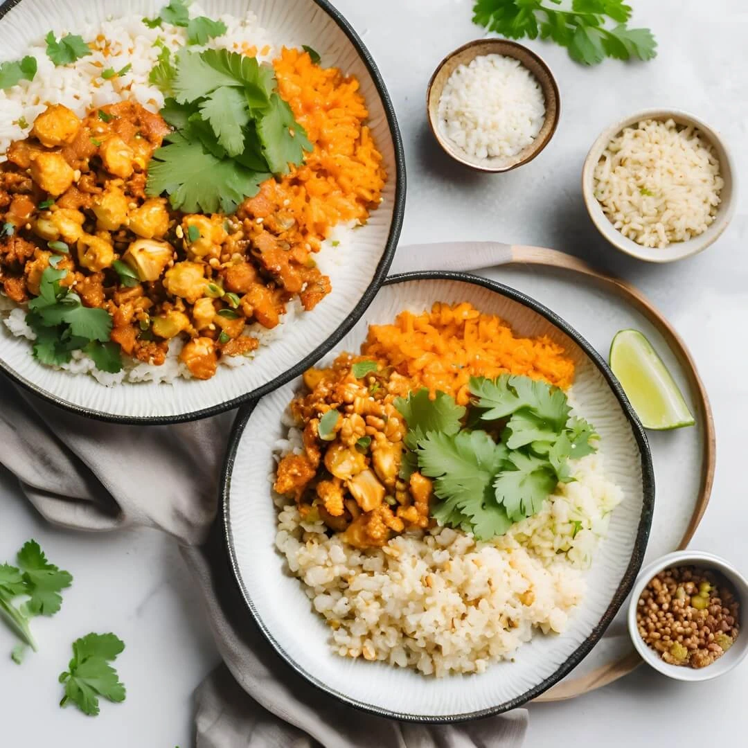 A vibrant Tikka Masala Cauliflower Rice Bowl, featuring cauliflower rice tossed in a rich, creamy tikka masala sauce, topped with tender cauliflower florets, fresh cilantro, and a dollop of yogurt.