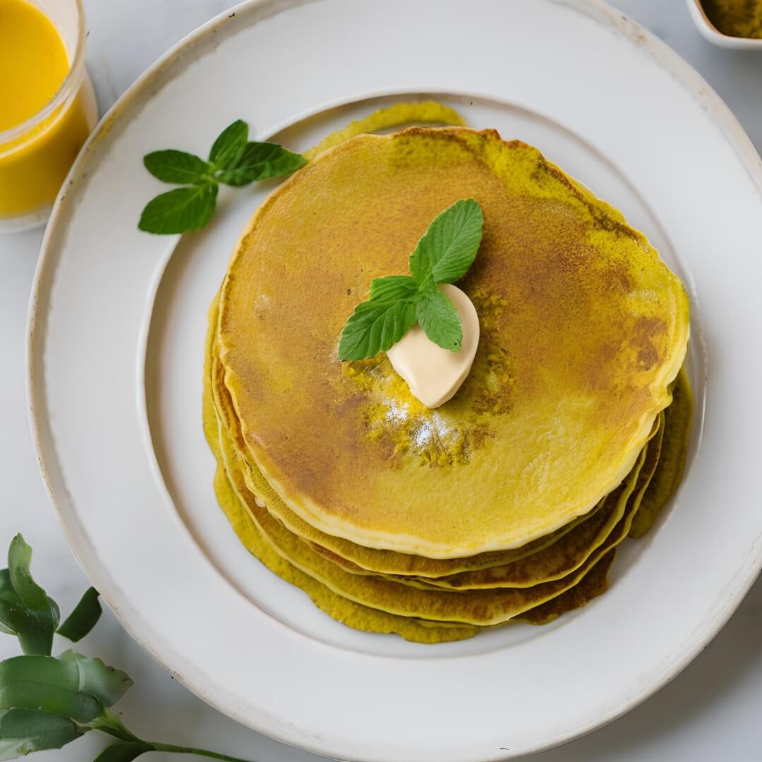 A stack of golden Turmeric Latte Pancakes, featuring vibrant yellow pancakes infused with turmeric and warm spices, topped with a drizzle of maple syrup, fresh berries, and a sprinkle of powdered sugar.