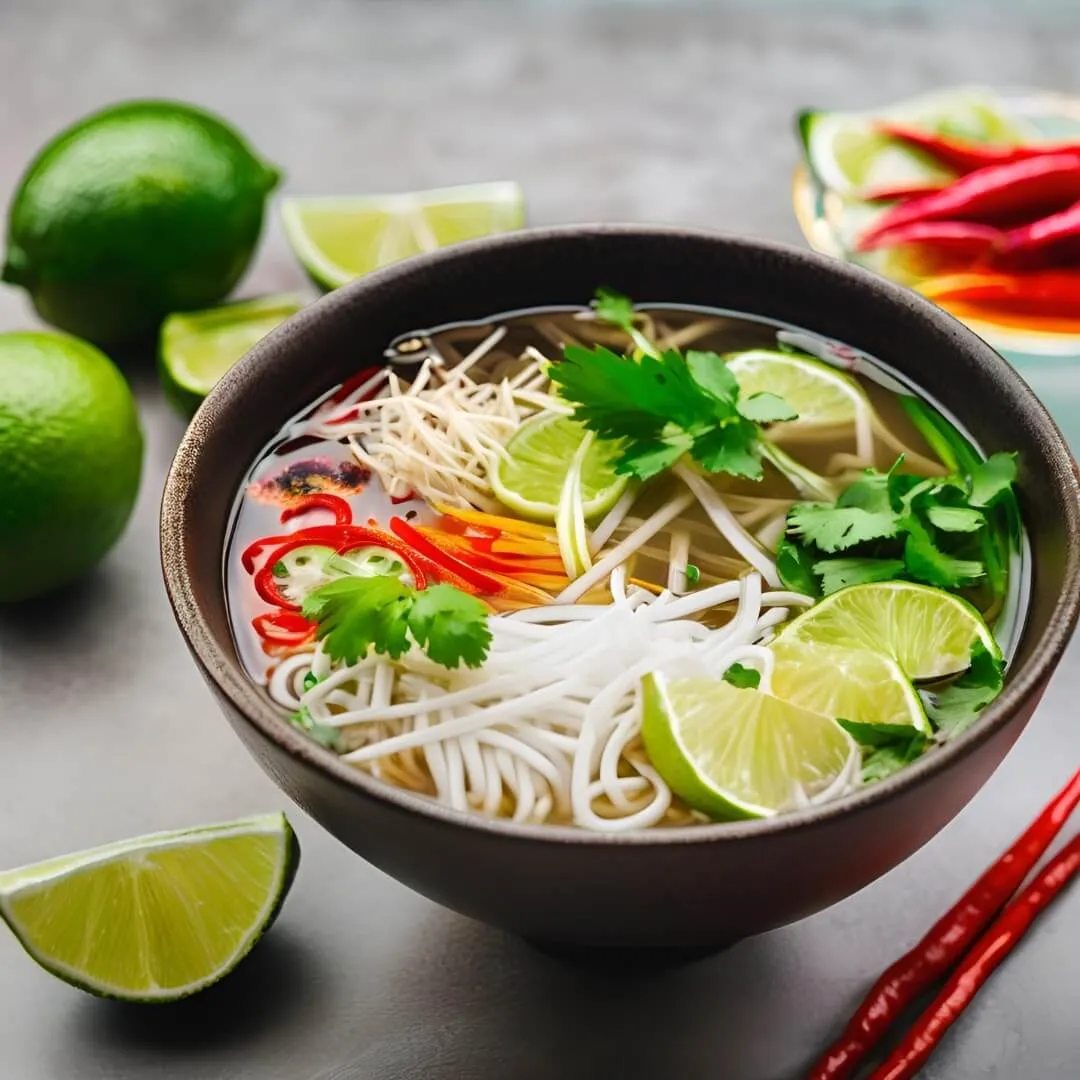 A steaming bowl of Vietnamese Pho, featuring tender rice noodles submerged in a rich, flavorful broth, topped with thinly sliced beef, fresh herbs like basil and cilantro, and served with lime wedges and bean sprouts on the side.