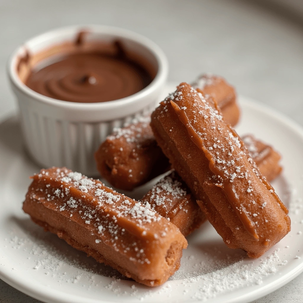 A plate of golden, crispy churros served with a rich, dark chocolate dipping sauce, surrounded by powdered sugar and cinnamon for an irresistible breakfast treat.