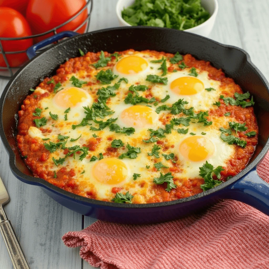 A vibrant bowl of shakshuka with poached eggs in a rich tomato sauce, served with crusty bread on a wooden table.