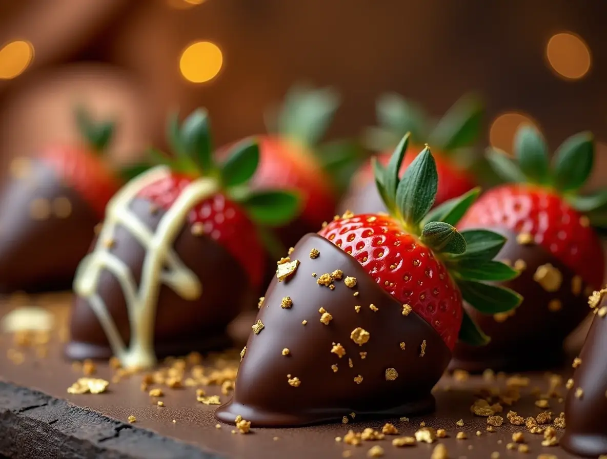 A decadent Dubai Chocolate Strawberry dessert, featuring fresh strawberries dipped in rich, glossy chocolate and adorned with edible gold or silver flakes for a luxurious touch.