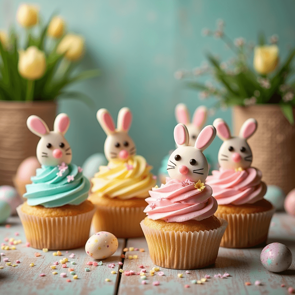 A charming tray of Easter Cupcakes, featuring pastel-colored cupcakes topped with fluffy buttercream frosting, decorated with colorful sprinkles, mini carrots, and bunny-shaped candies.