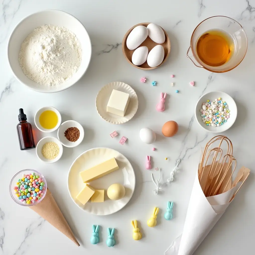A charming tray of Easter Cupcakes, featuring pastel-colored cupcakes topped with fluffy buttercream frosting, decorated with colorful sprinkles, mini carrots, and bunny-shaped candies.