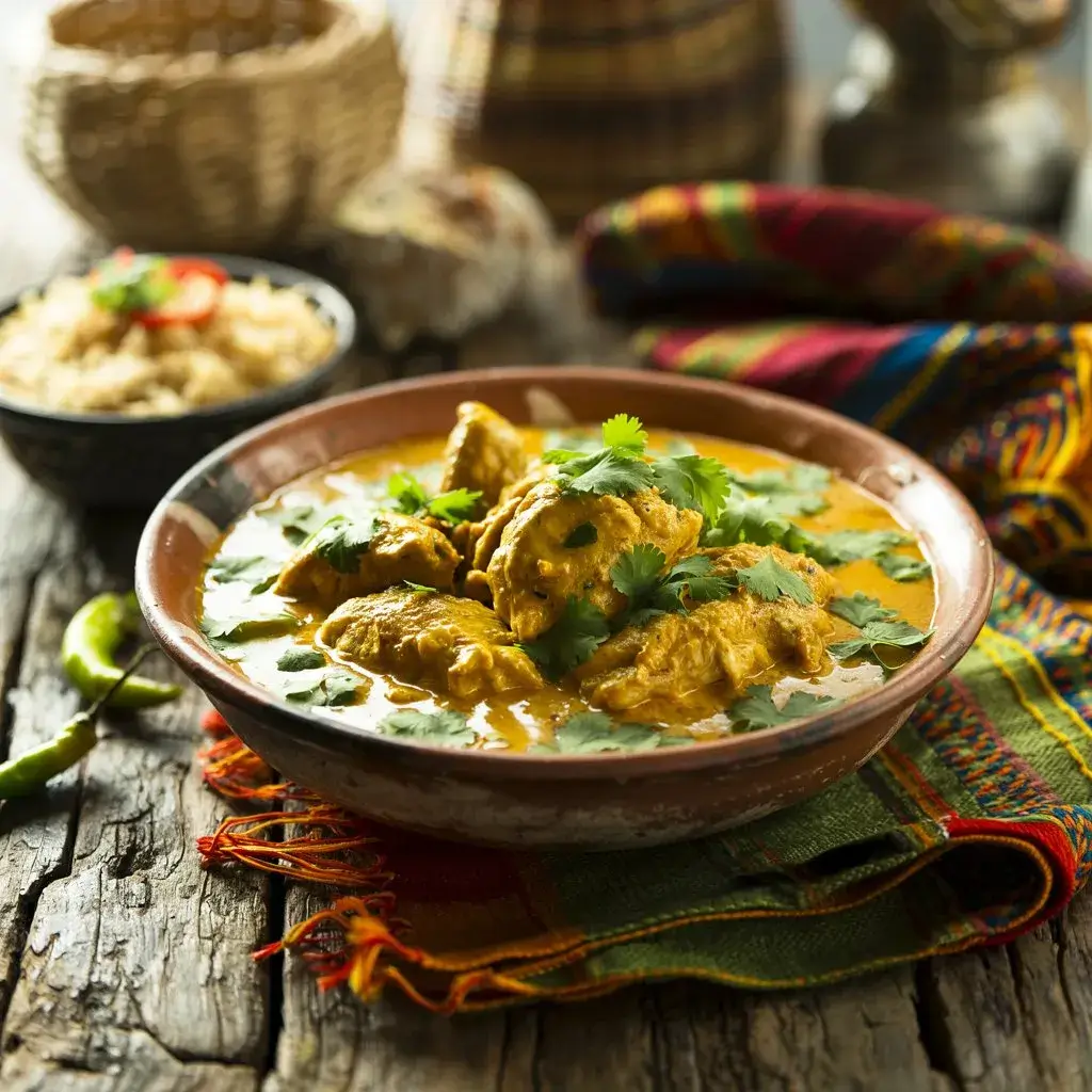 East African Kuku Paka dish in a clay bowl with creamy coconut curry sauce, tender chicken pieces, and garnished with cilantro leaves and lime wedges on a rustic wooden table.