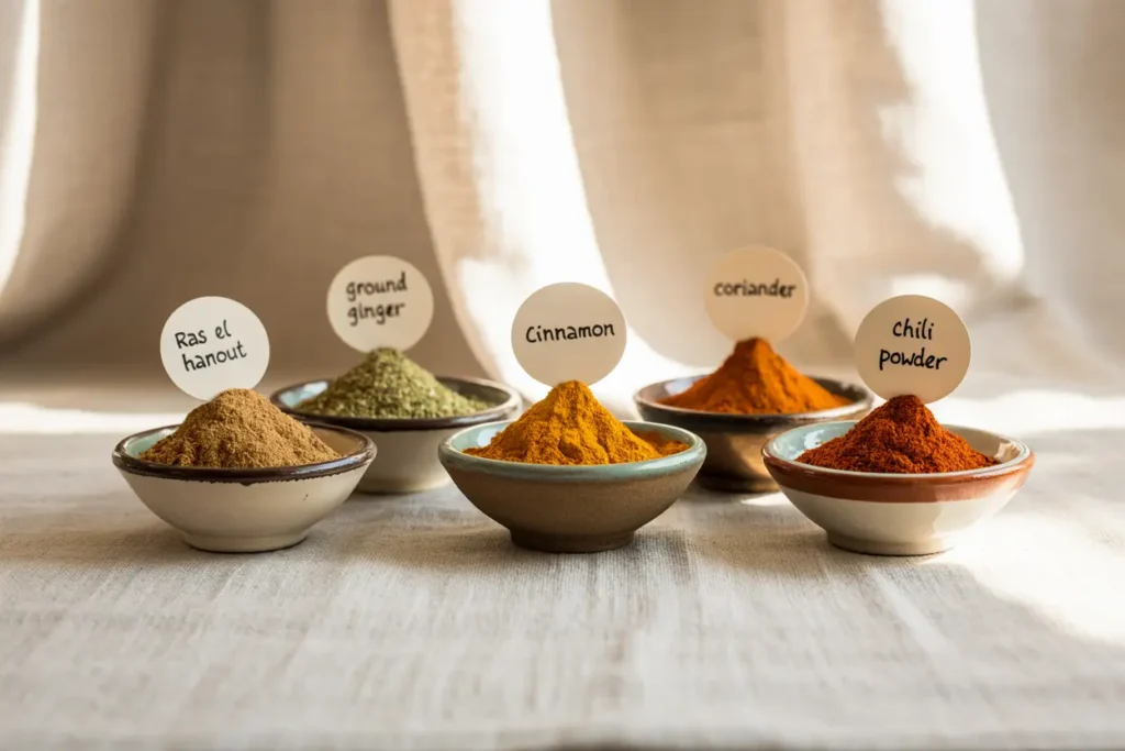 Colorful Moroccan spices and herbs that promote health benefits