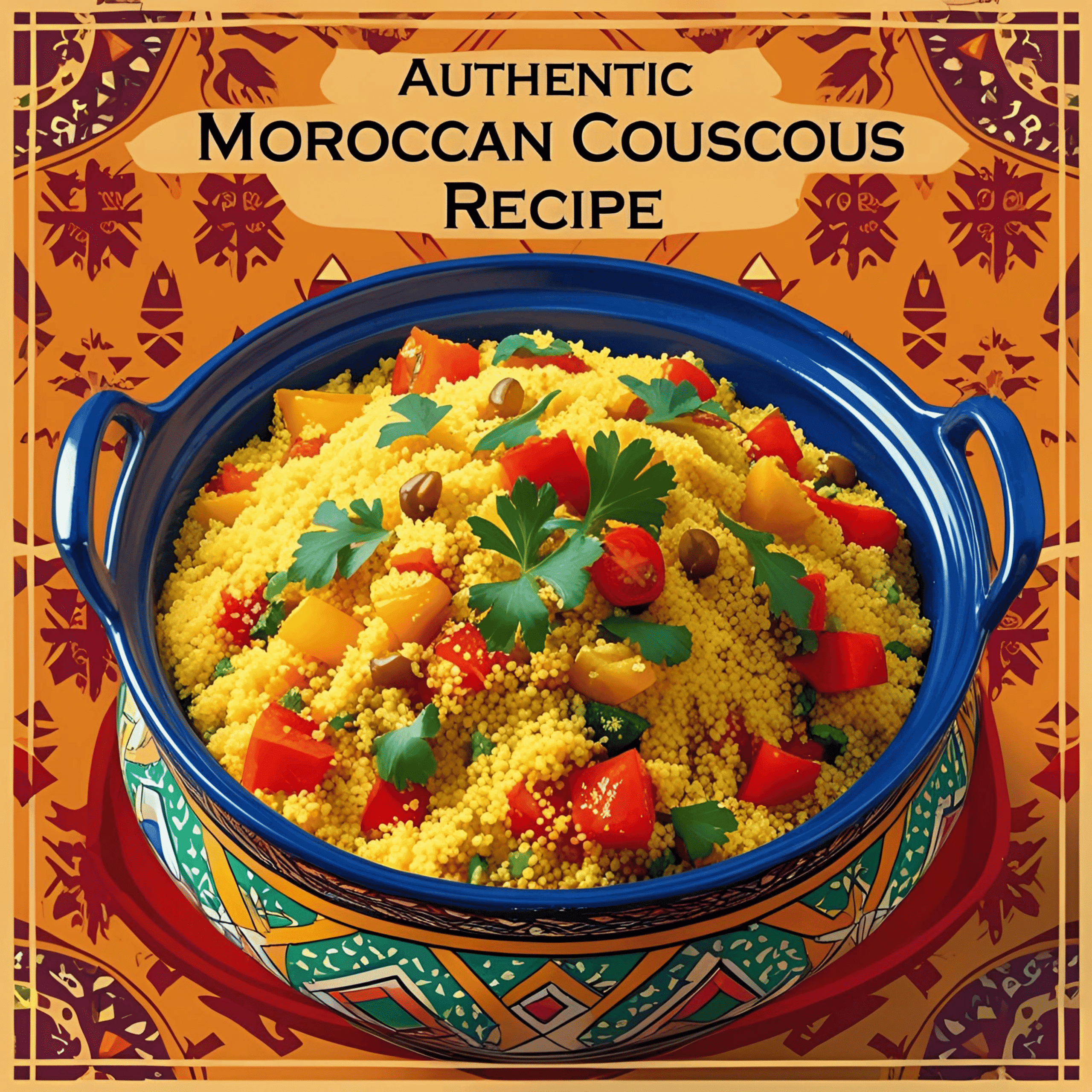 Traditional Moroccan couscous served with vegetables and herbs in a decorative bowl