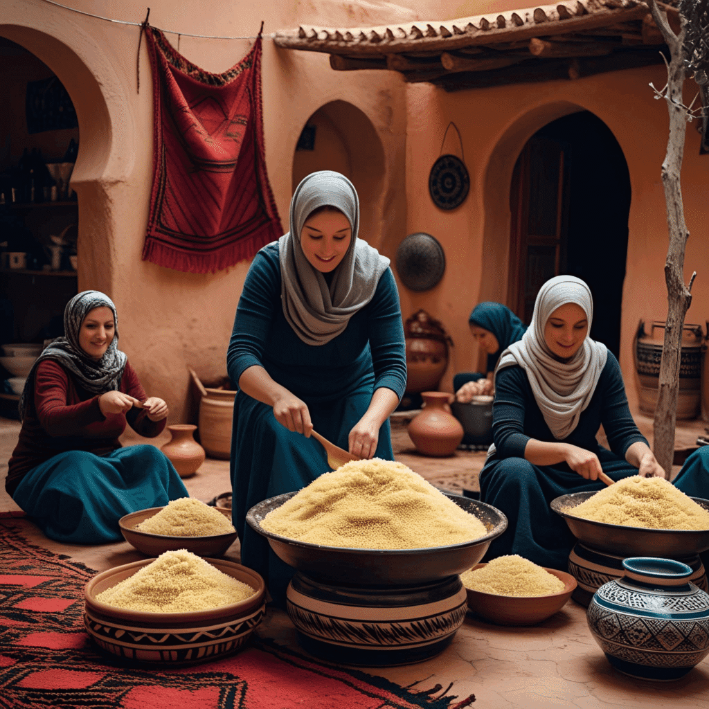 Traditional Moroccan couscous served with vegetables and herbs in a decorative bowl
