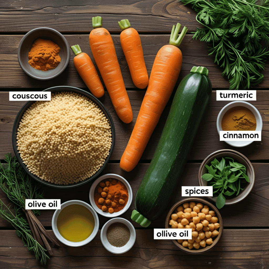 Traditional Moroccan couscous served with vegetables and herbs in a decorative bowl