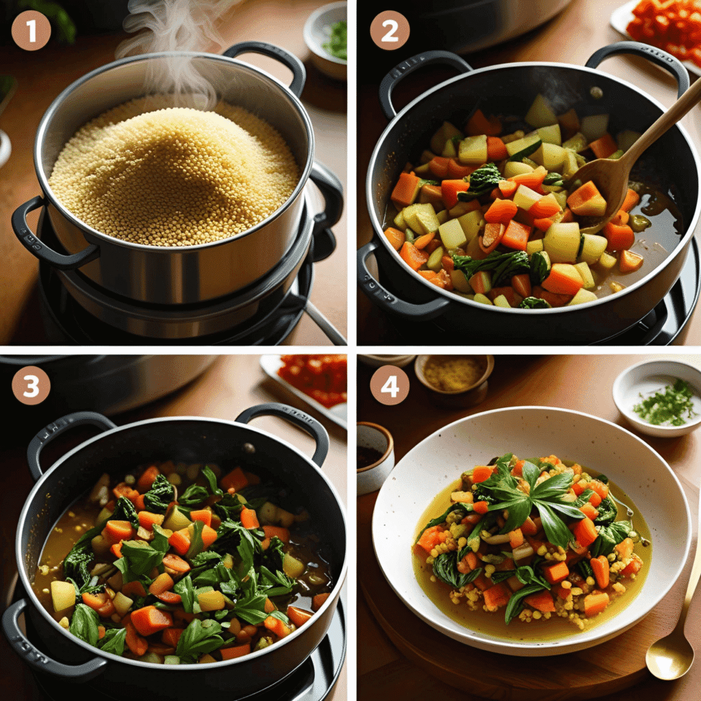 Traditional Moroccan couscous served with vegetables and herbs in a decorative bowl