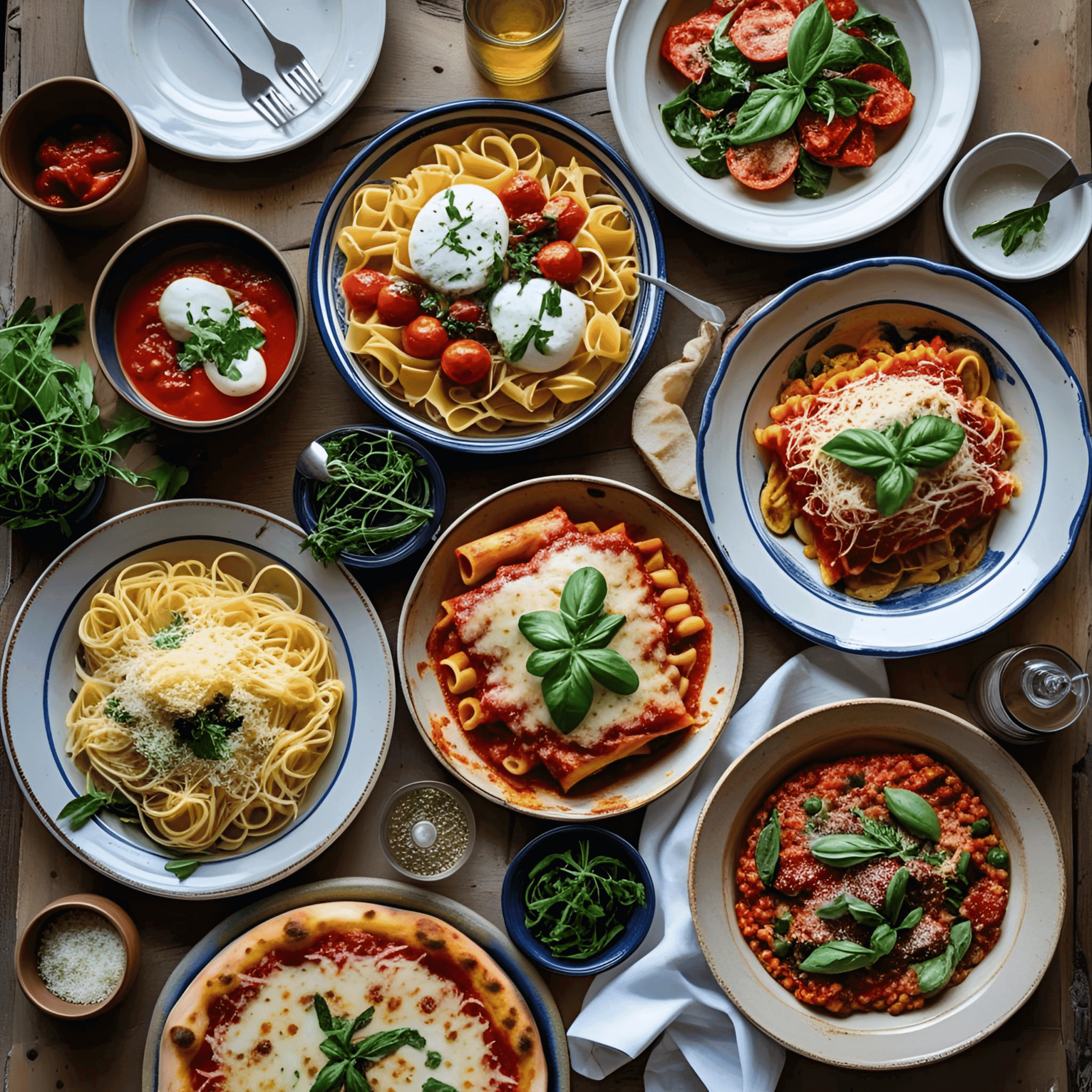 A vibrant spread of traditional Italian cultural dishes including pasta, risotto, and bruschetta, beautifully plated on a rustic wooden table.