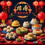 A colorful spread of traditional Chinese festival food including dumplings, mooncakes, and tangyuan arranged on a festive red tablecloth with Chinese lanterns in the background.