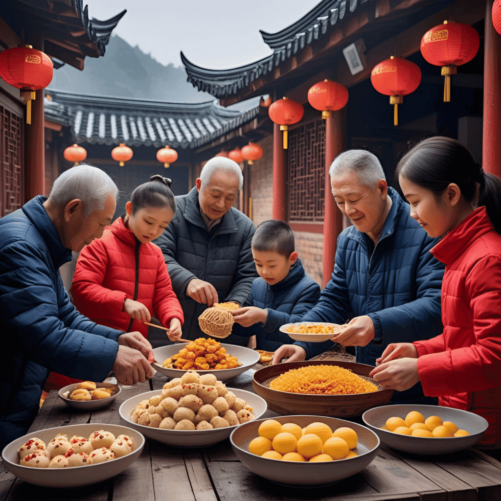 A colorful spread of traditional Chinese festival food including dumplings, mooncakes, and tangyuan arranged on a festive red tablecloth with Chinese lanterns in the background.