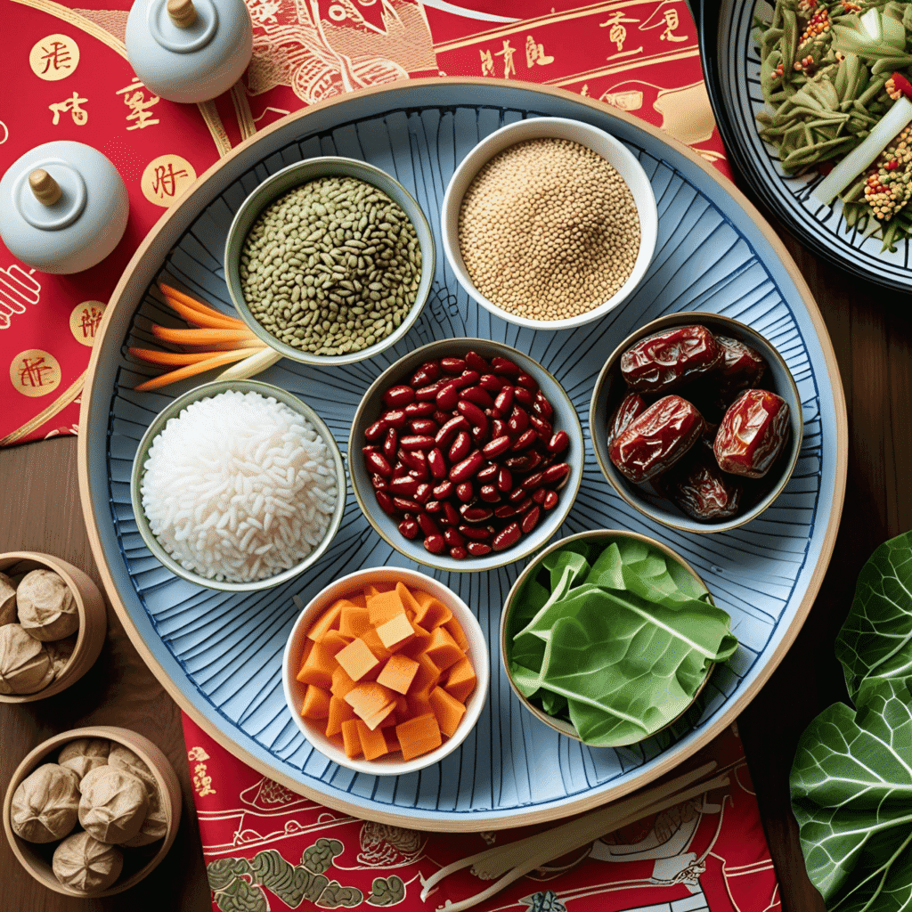A colorful spread of traditional Chinese festival food including dumplings, mooncakes, and tangyuan arranged on a festive red tablecloth with Chinese lanterns in the background.