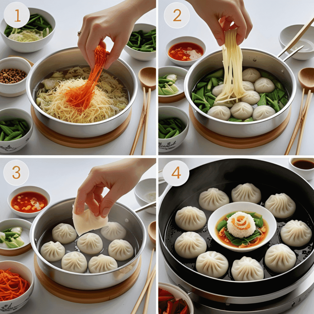 A colorful spread of traditional Chinese festival food including dumplings, mooncakes, and tangyuan arranged on a festive red tablecloth with Chinese lanterns in the background.