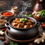 A delicious clay pot meal served on a rustic table with herbs and steam rising, showcasing traditional cooking.
