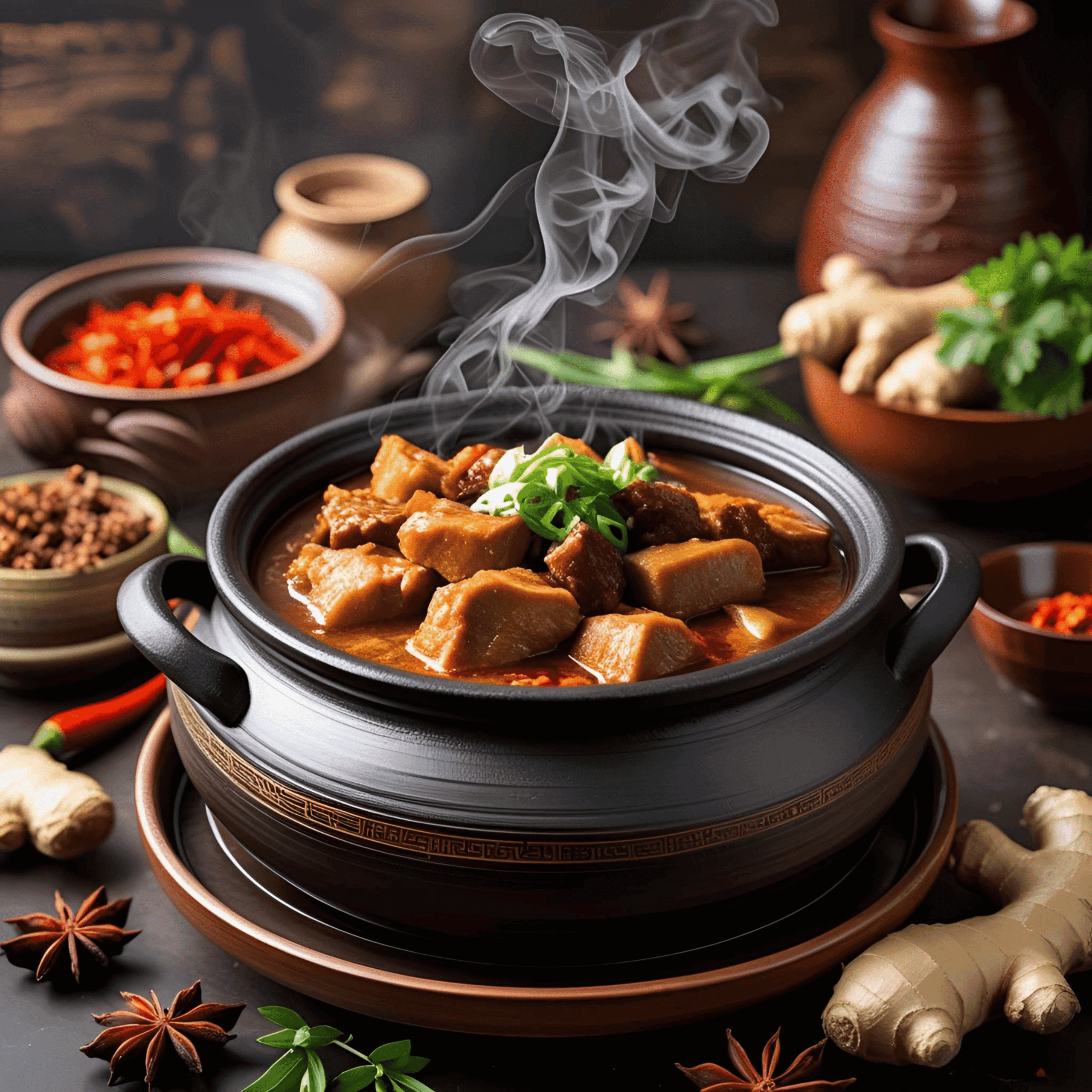 A delicious clay pot meal served on a rustic table with herbs and steam rising, showcasing traditional cooking.
