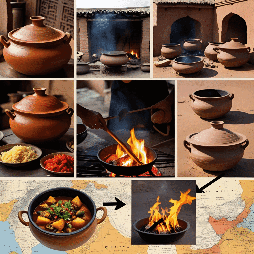 A delicious clay pot meal served on a rustic table with herbs and steam rising, showcasing traditional cooking.