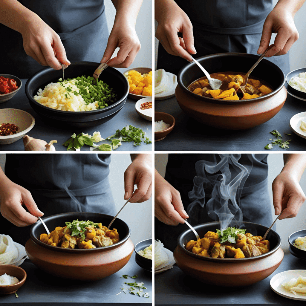 A delicious clay pot meal served on a rustic table with herbs and steam rising, showcasing traditional cooking.