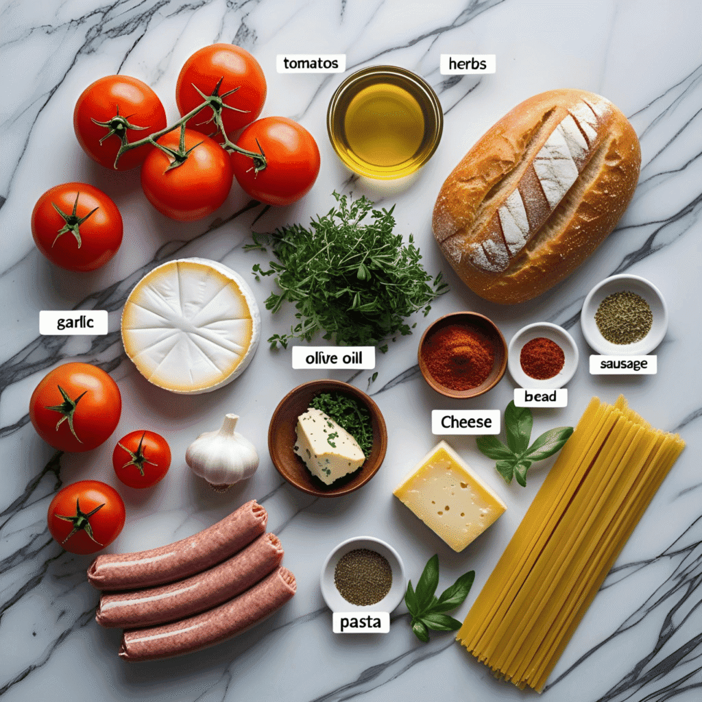 A colorful spread of seven traditional European dishes, including pasta, paella, schnitzel, and pastries, beautifully arranged on a rustic wooden table.